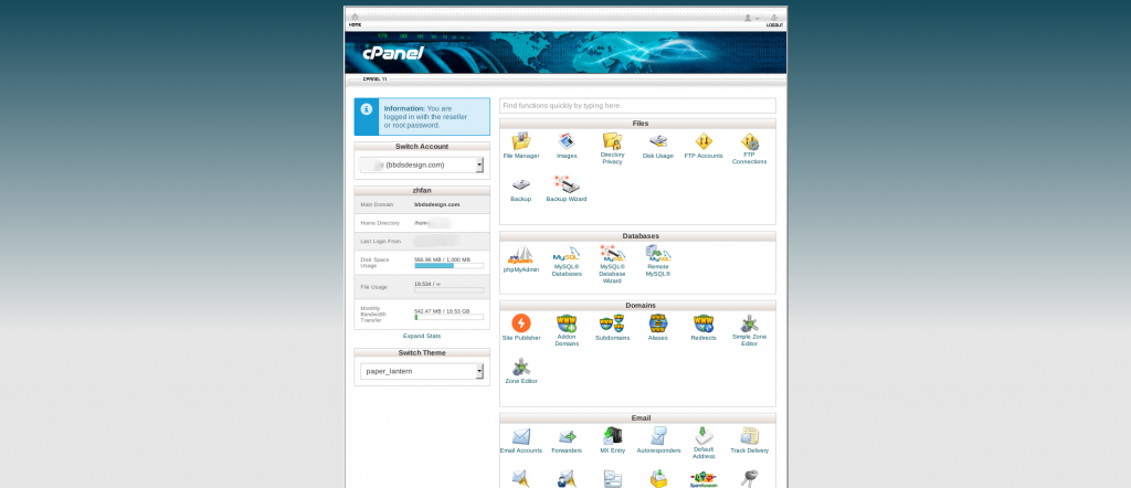 cPanel example - old interface style