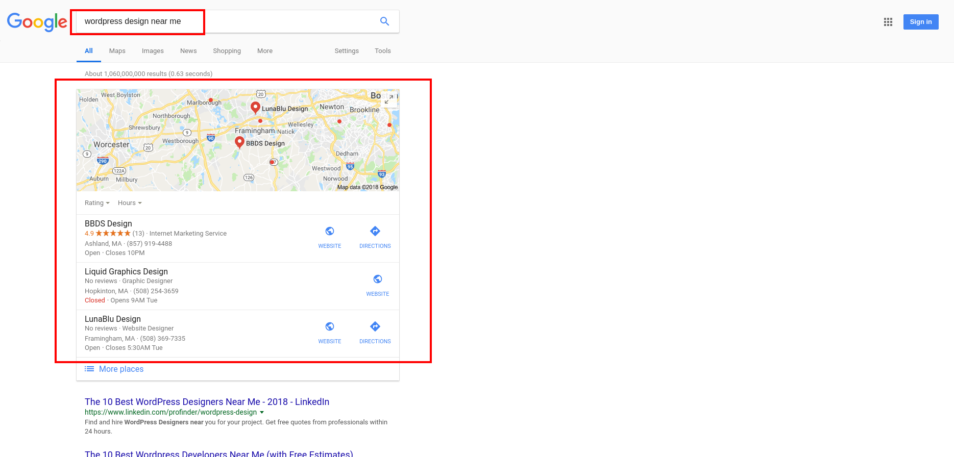 Local SEO map inset listing