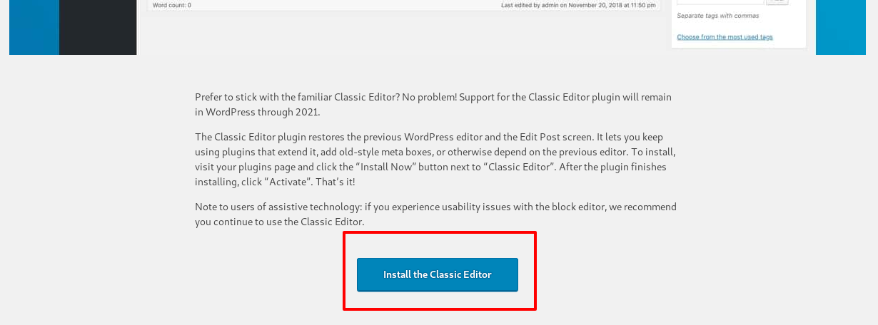 Classic Editor install button