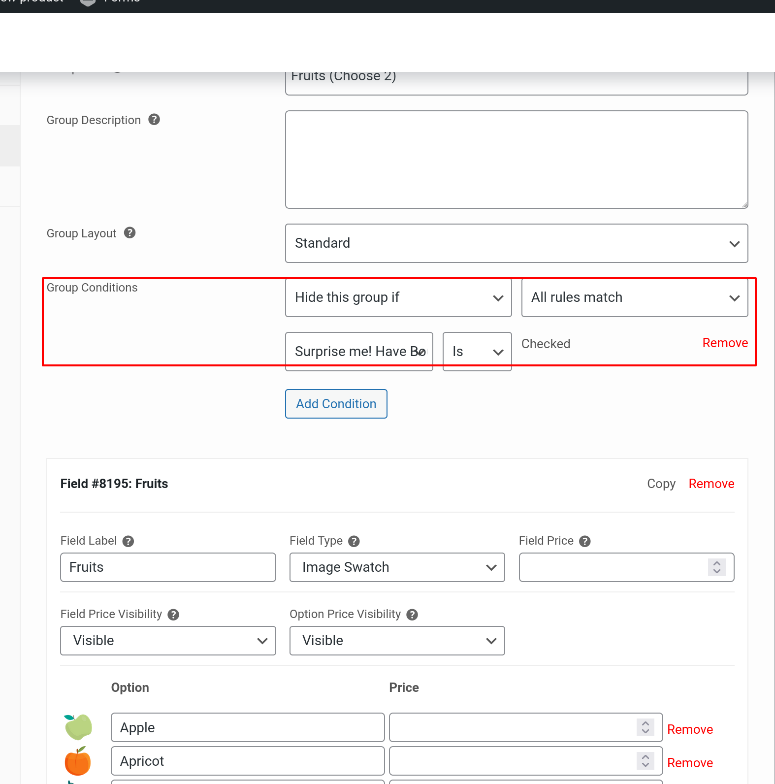 Fruit selection WordPress addons plugin admin