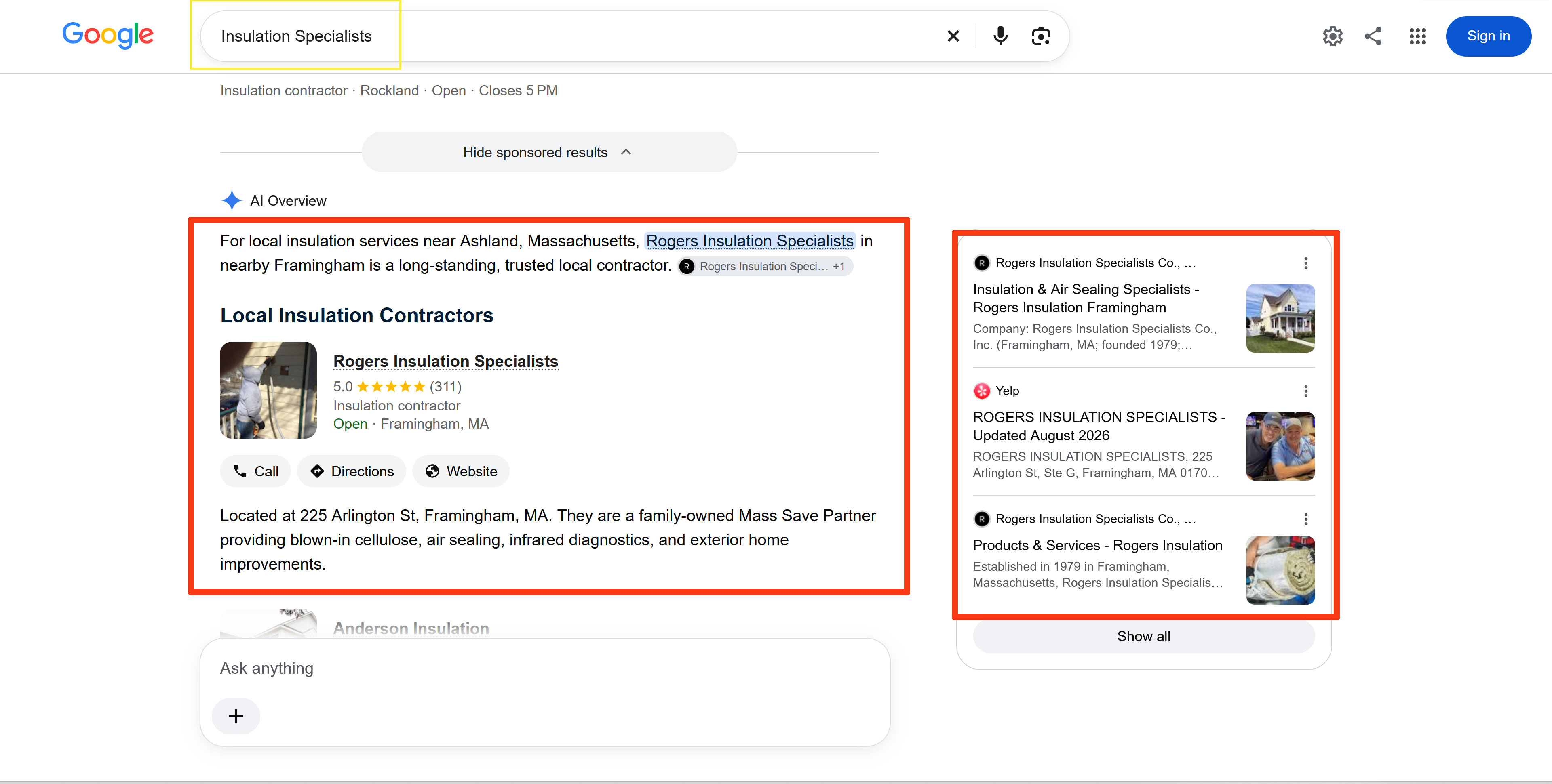 Building on a strong SEO foundation, our recent AEO and GEO work reached a documented milestone: Rogers appeared directly in Google’s AI Overview for the search "insulation specialists"