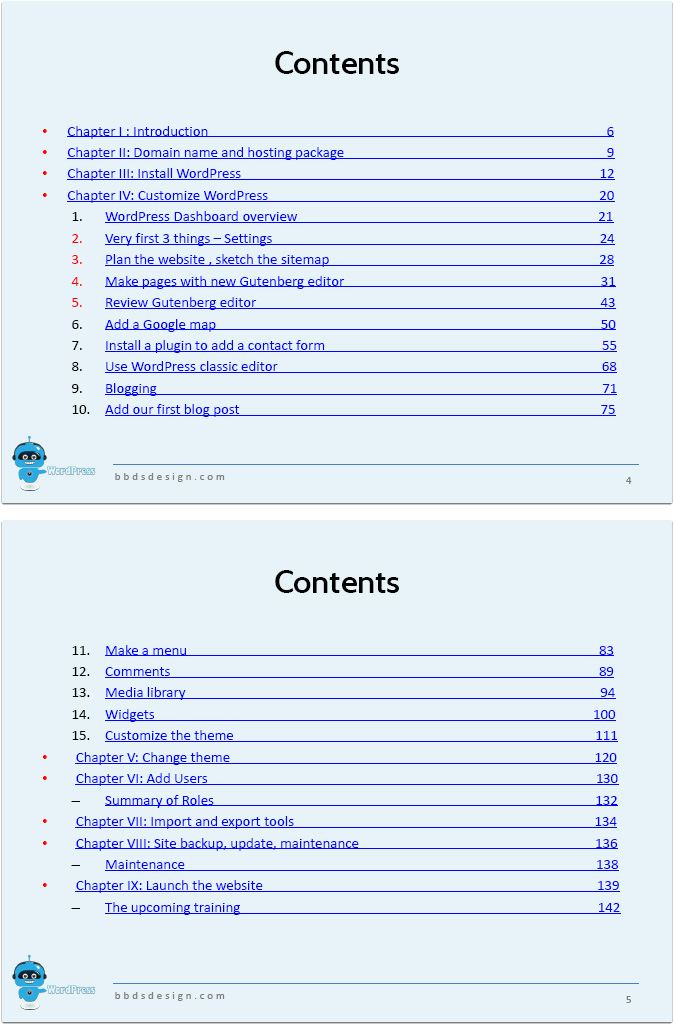 WordPress eBook table of content